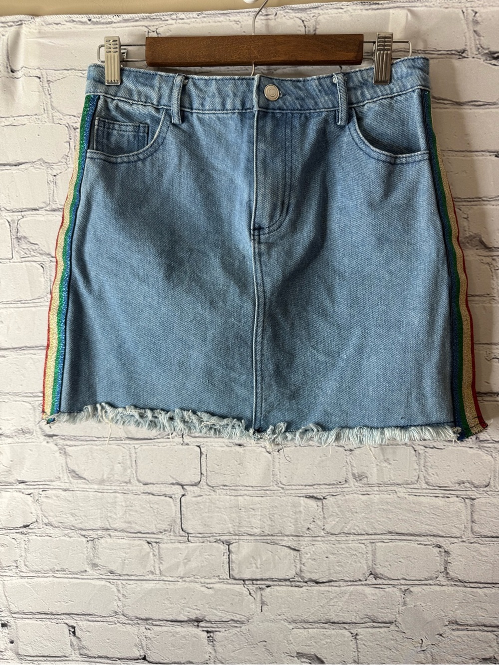 Know one cares Light Blue Denim Mini Skirt with Rainbow Side Trim med